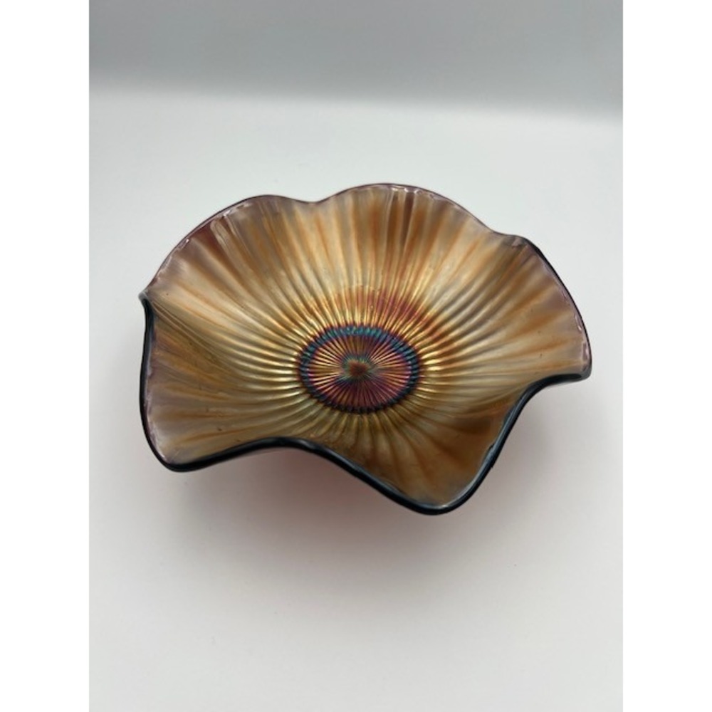 Amethyst Carnival Glass Ruffled Bowl Iridescent Ribbed Scalloped Edge 7.5 Inch
